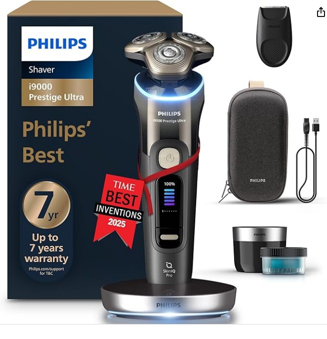 Philips Shaver i9000 Prestige Ultra, Wet & Dry Electric Shaver, Black, with Skin IQ Pro Technology, Triple Lift & Cut System, 360 Rotating NanoTech Precision Blades, 5 Shaving Modes, Model XP9405/31
